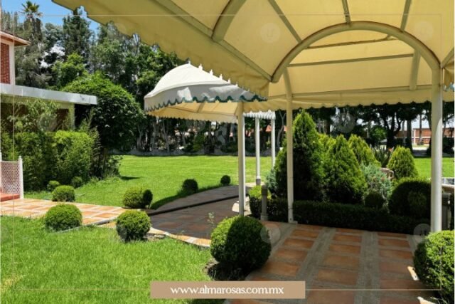 Jardín principal en Finca San Andrés, rodeado de vegetación abundante y árboles imponentes.
