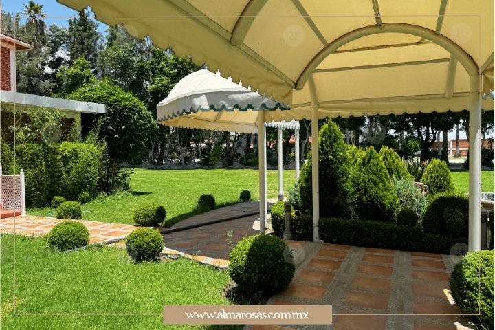 Jardín principal en Finca San Andrés, rodeado de vegetación abundante y árboles imponentes.