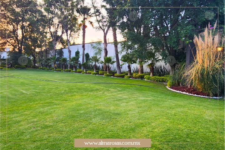 Jardín principal de Finca Santa Lucía, enmarcado por su terraza es un espacio perfecto para bodas y eventos de día.